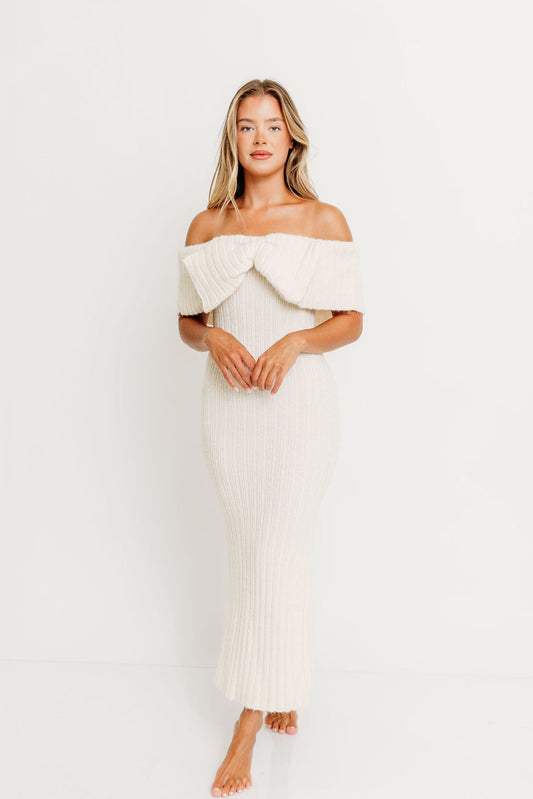 Aston Bow Front Maxi Sweater Dress in Ivory– Bump Friendly & Inclusive Sizing (S-3XL)