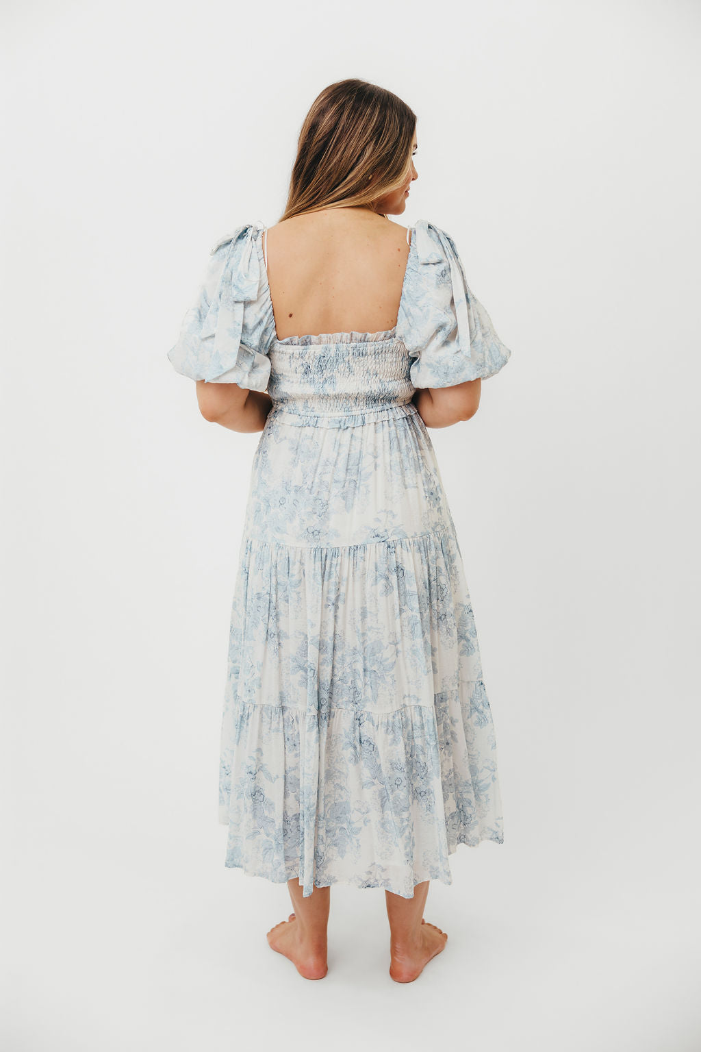 Elena Floral Print Smocked Midi Dress in Blue - Bump Friendly & Inclusive Sizing