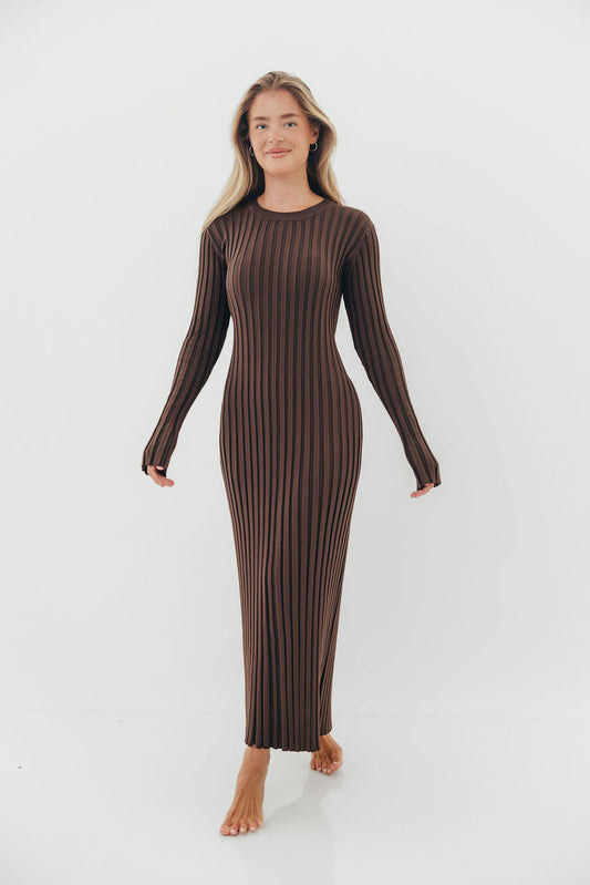Colette Premium Long Sleeved Ribbed Knit Maxi Dress in Brown - Bump Friendly