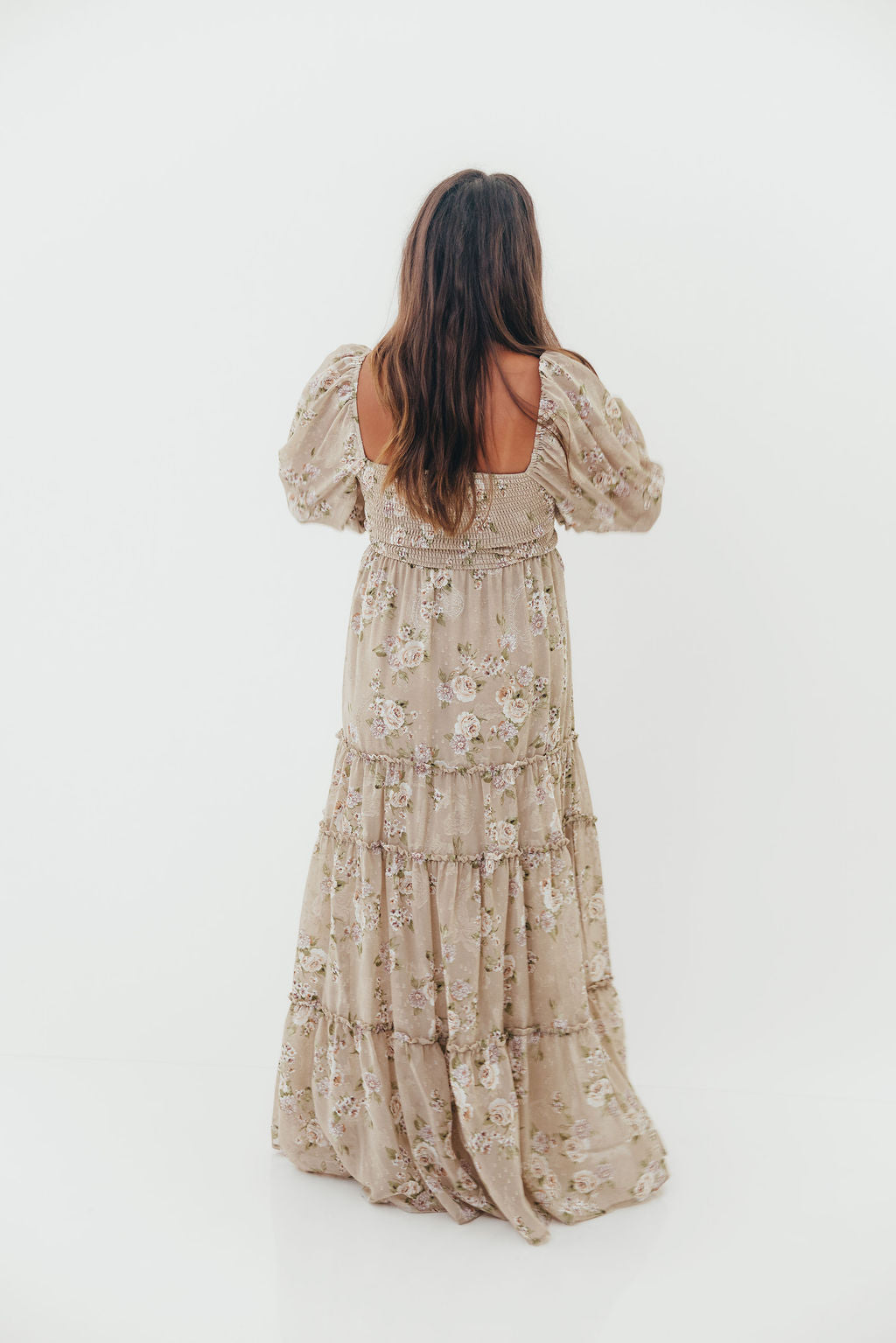 Daphne Long Sleeve Maxi Dress in Beige/Multi Floral - Bump Friendly & Inclusive Sizing (XS-3XL)