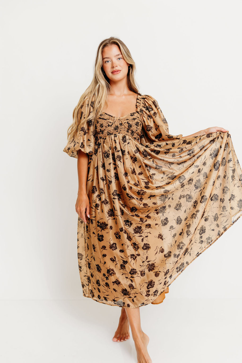 Harlow Camel & Black Floral Maxi Dress with Stretchy Neckline - Bump Friendly (Final Few)