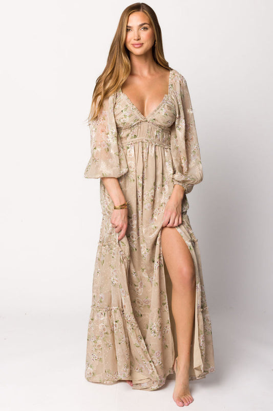 Daphne Long Sleeve Maxi Dress in Beige/Multi Floral - Bump Friendly & Inclusive Sizing (XS-3XL)
