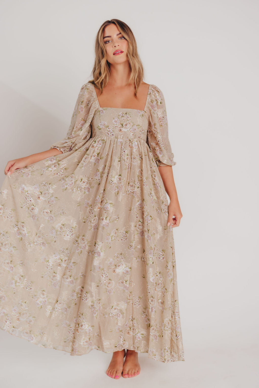 Mona Maxi Dress in Beige/Brown Floral - Bump Friendly