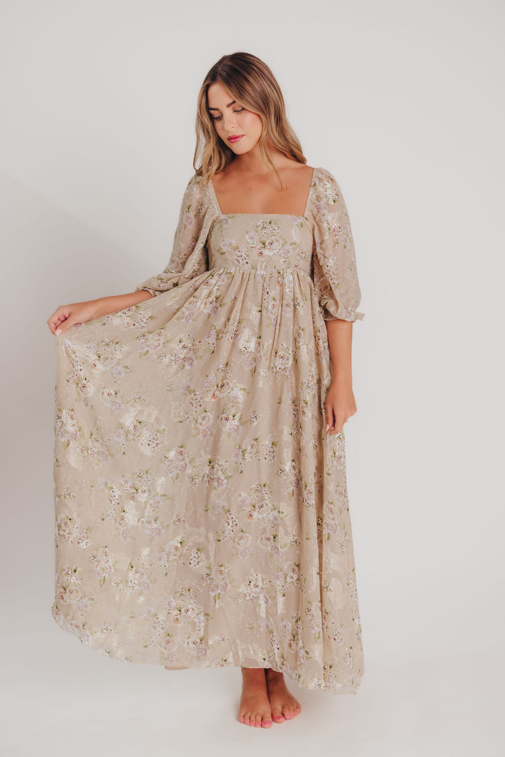 Mona Maxi Dress in Beige/Brown Floral - Bump Friendly