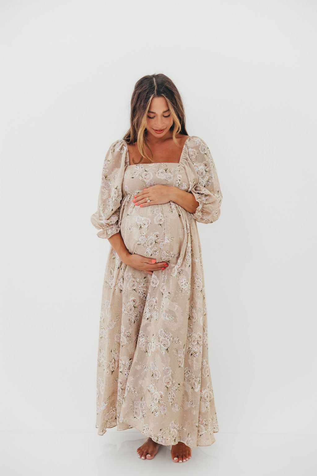 Mona Maxi Dress in Beige/Brown Floral - Bump Friendly