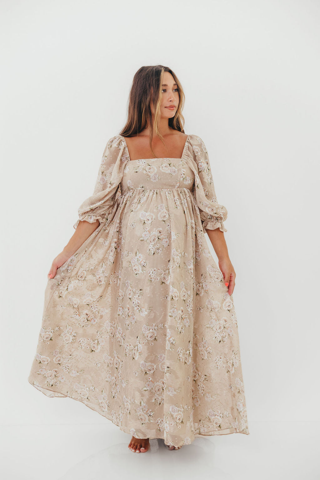 Mona Maxi Dress in Beige/Brown Floral - Bump Friendly