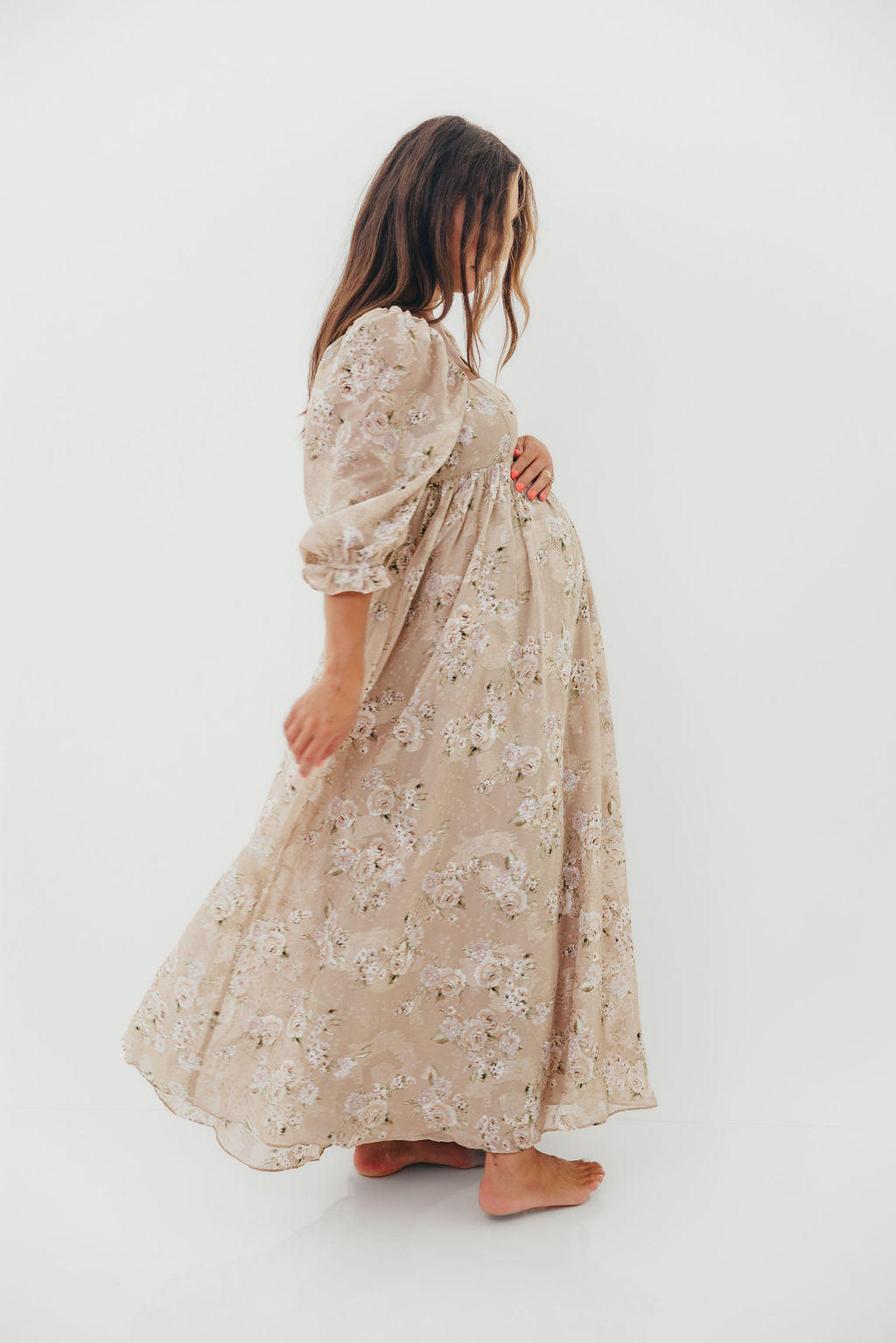 Mona Maxi Dress in Beige/Brown Floral - Bump Friendly