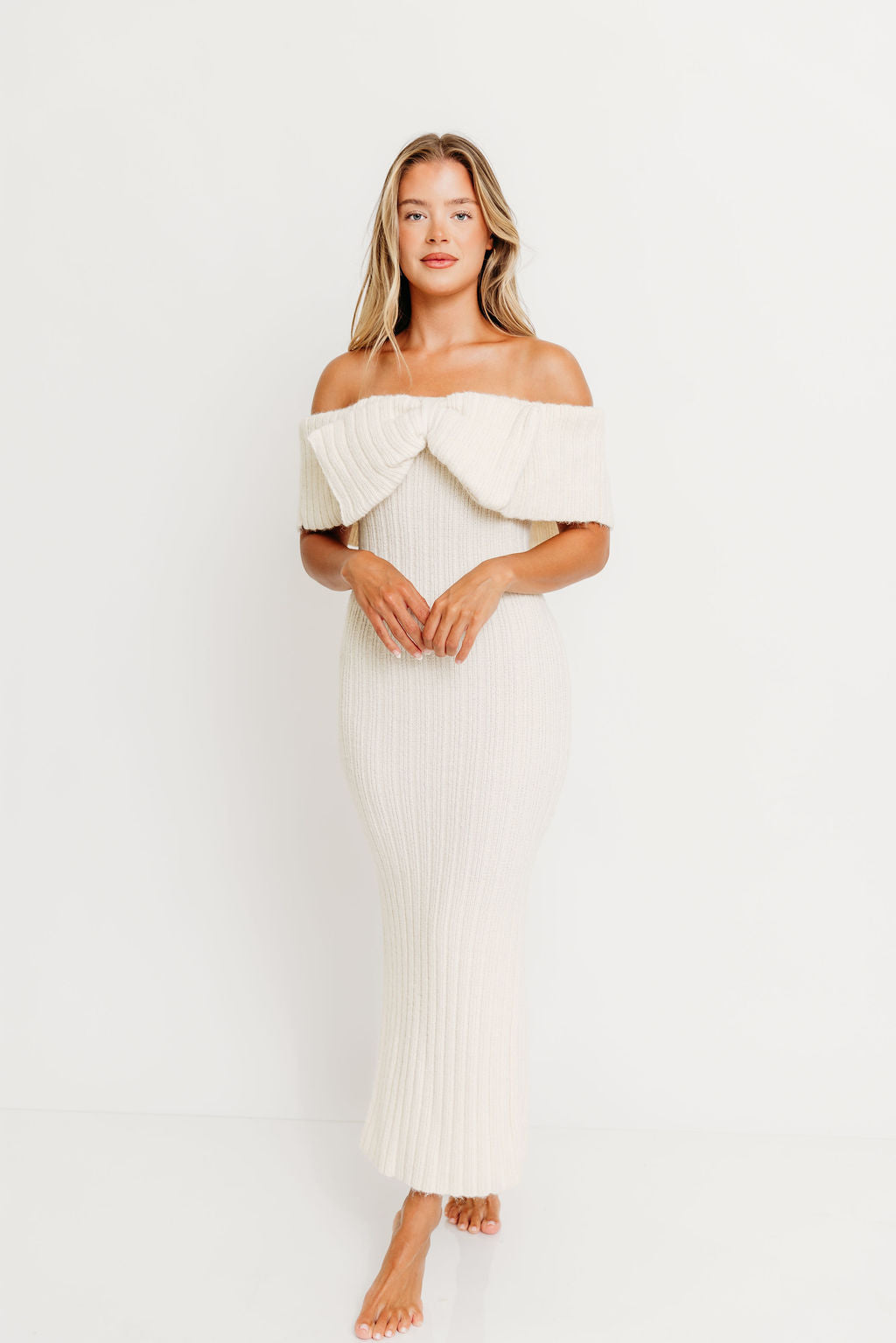 Aston Bow Front Maxi Sweater Dress in Ivory– Bump Friendly & Inclusive Sizing (S-3XL)