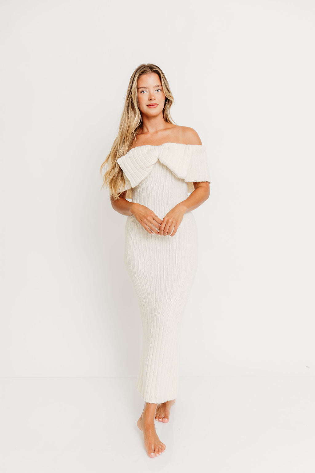 Aston Bow Front Maxi Sweater Dress in Ivory– Bump Friendly & Inclusive Sizing (S-3XL)