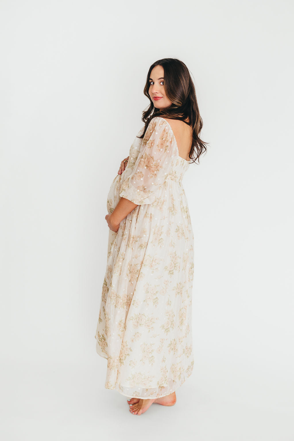 Mona Maxi Dress with Smocking in Cream Floral - Bump Friendly & Inclusive Sizing (S-3XL)
