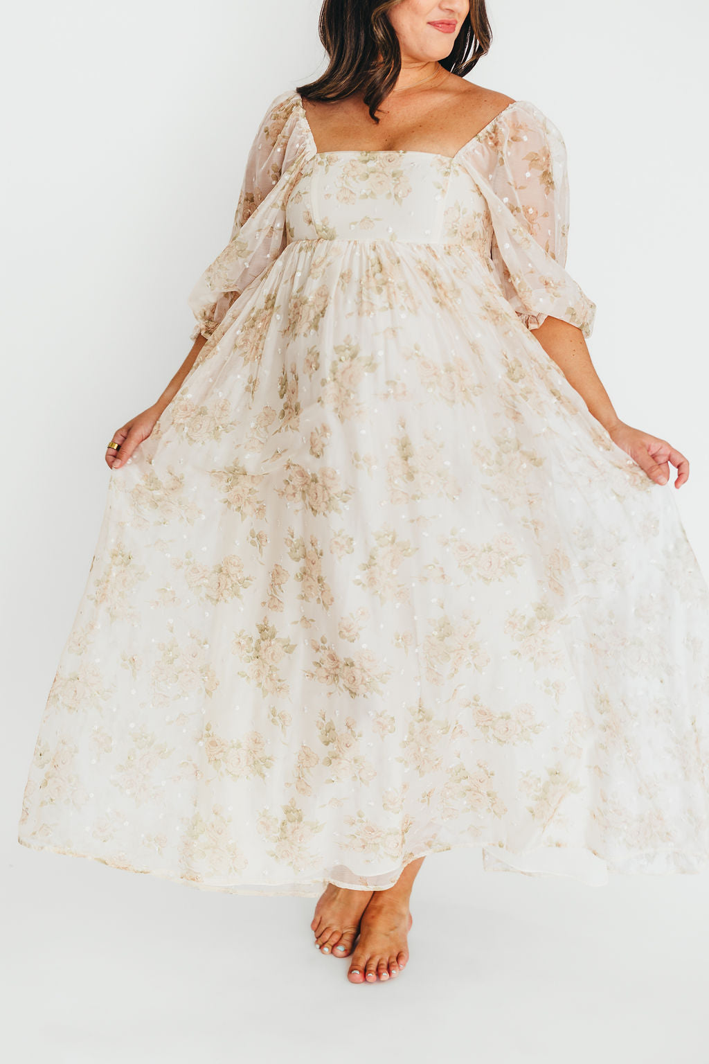 Mona Maxi Dress with Smocking in Cream Floral - Bump Friendly & Inclusive Sizing (S-3XL)
