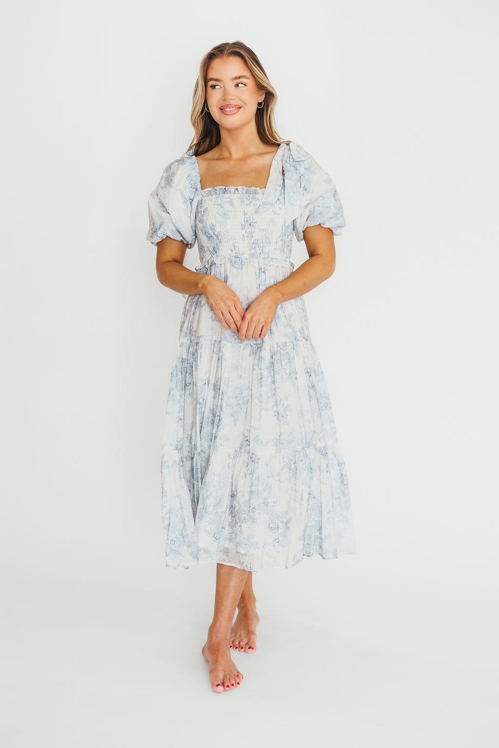 Elena Floral Print Smocked Midi Dress in Blue - Bump Friendly & Inclusive Sizing