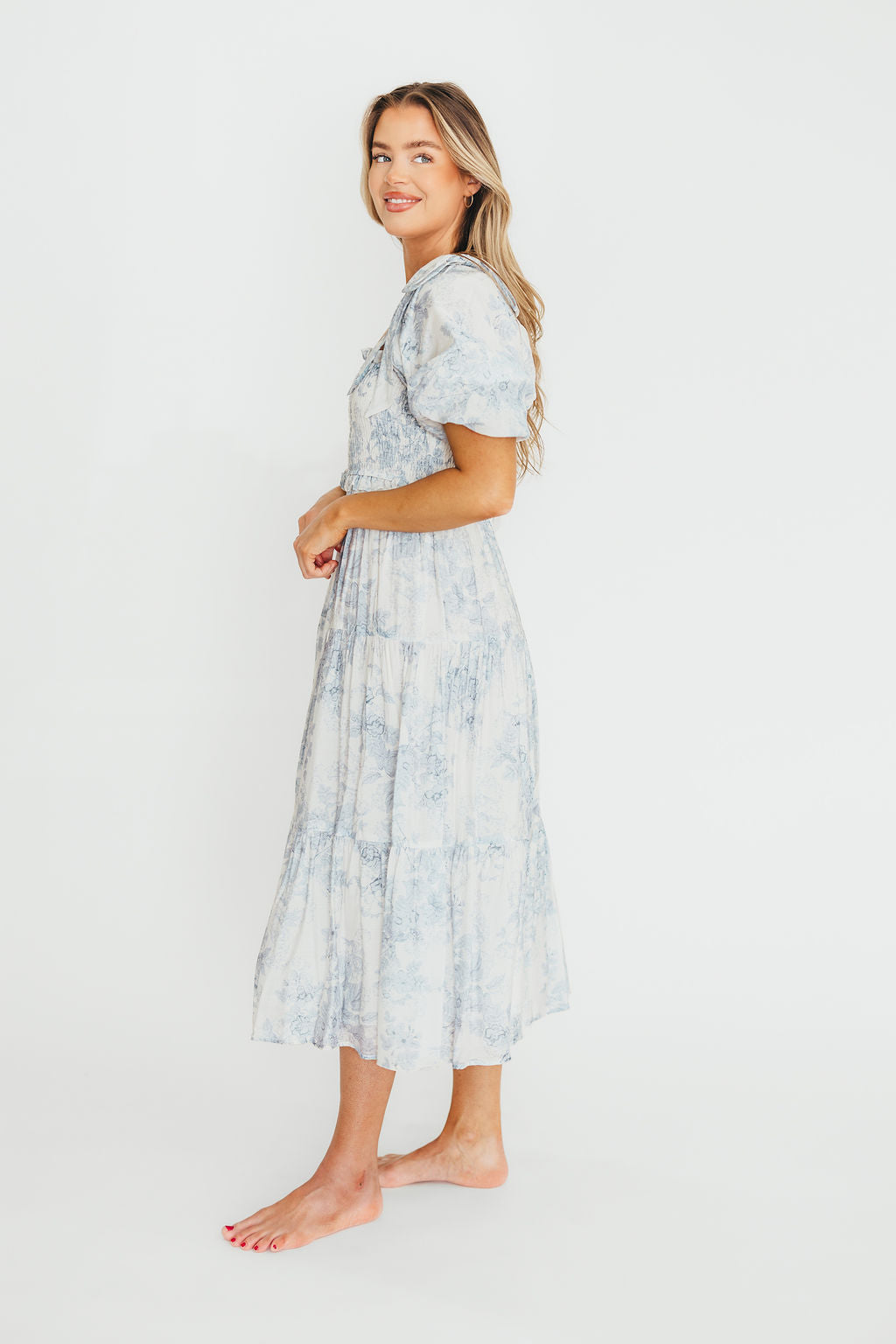 Elena Floral Print Smocked Midi Dress in Blue - Bump Friendly & Inclusive Sizing