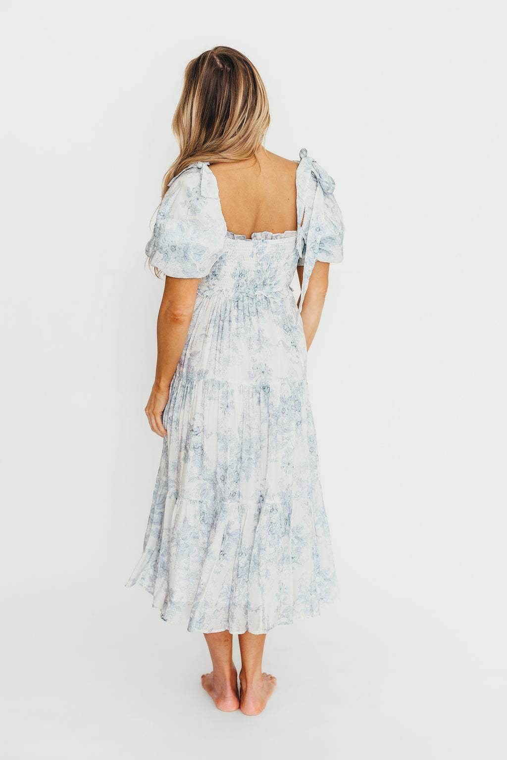 Elena Floral Print Smocked Midi Dress in Blue - Bump Friendly & Inclusive Sizing