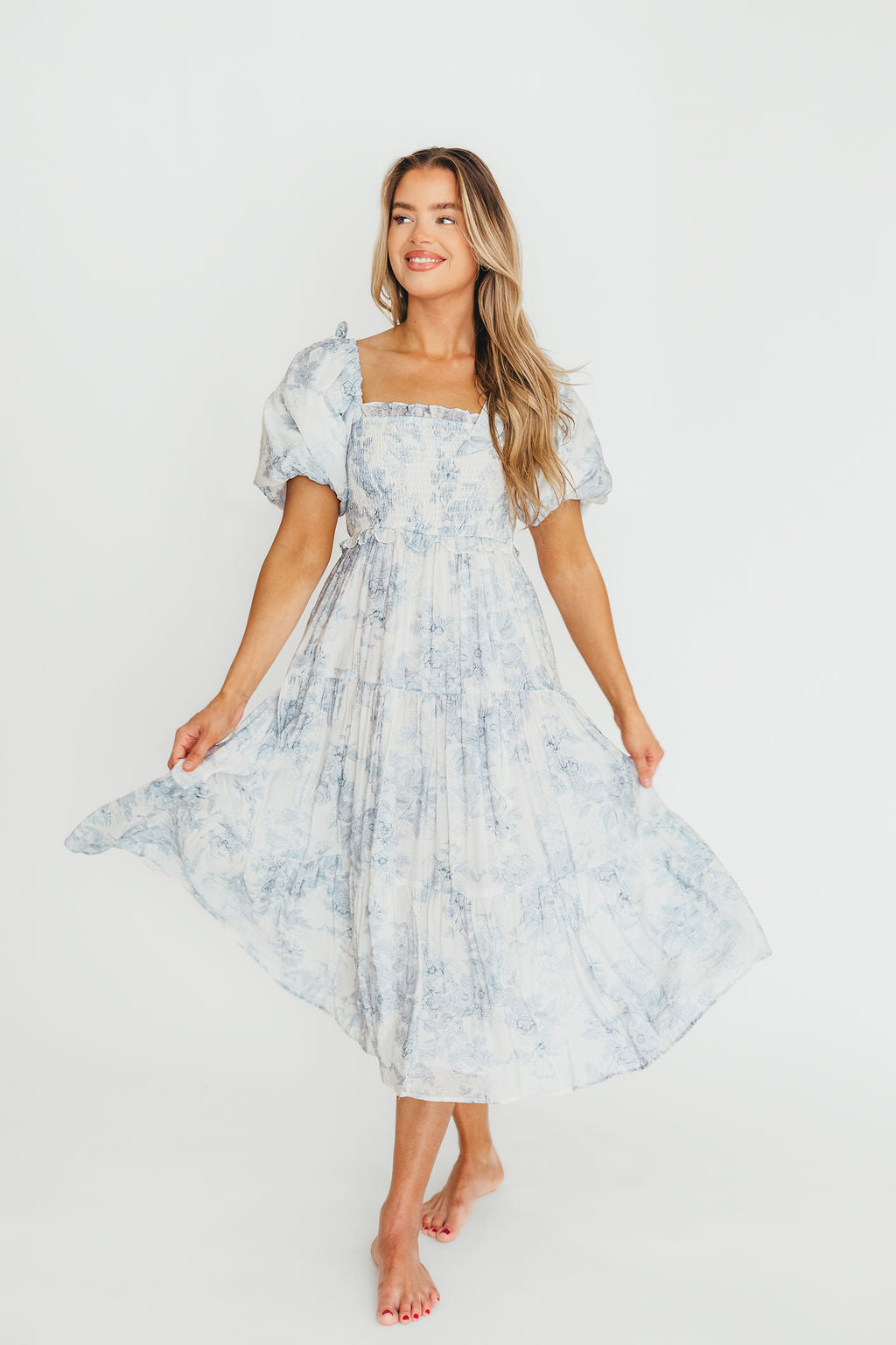 Elena Floral Print Smocked Midi Dress in Blue - Bump Friendly & Inclusive Sizing