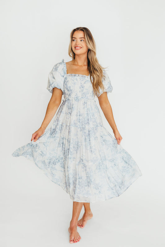 Elena Floral Print Smocked Midi Dress in Blue - Bump Friendly & Inclusive Sizing