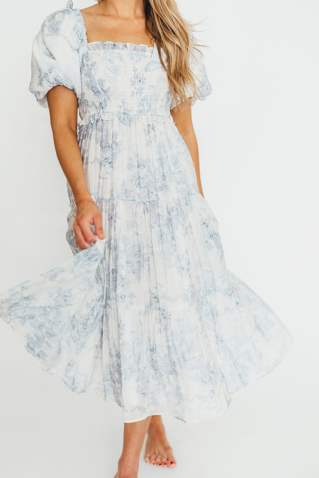 Elena Floral Print Smocked Midi Dress in Blue - Bump Friendly & Inclusive Sizing