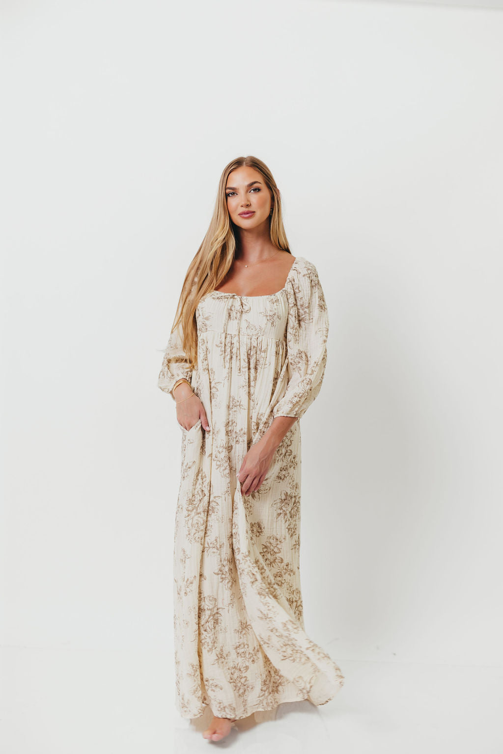 Peyton 100% Cotton Maxi Dress in Brown Floral - Bump Friendly