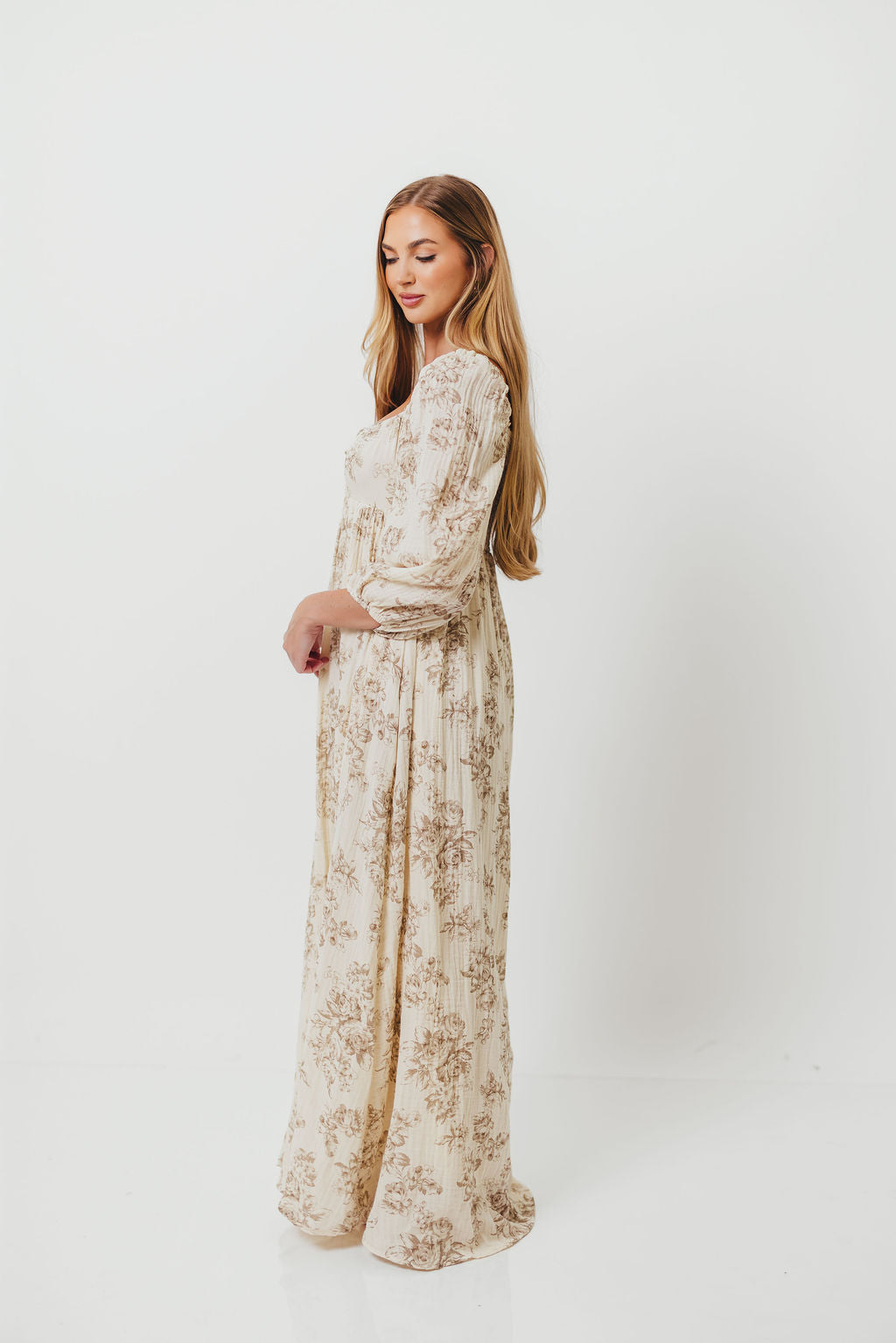 Peyton 100% Cotton Maxi Dress in Brown Floral - Bump Friendly