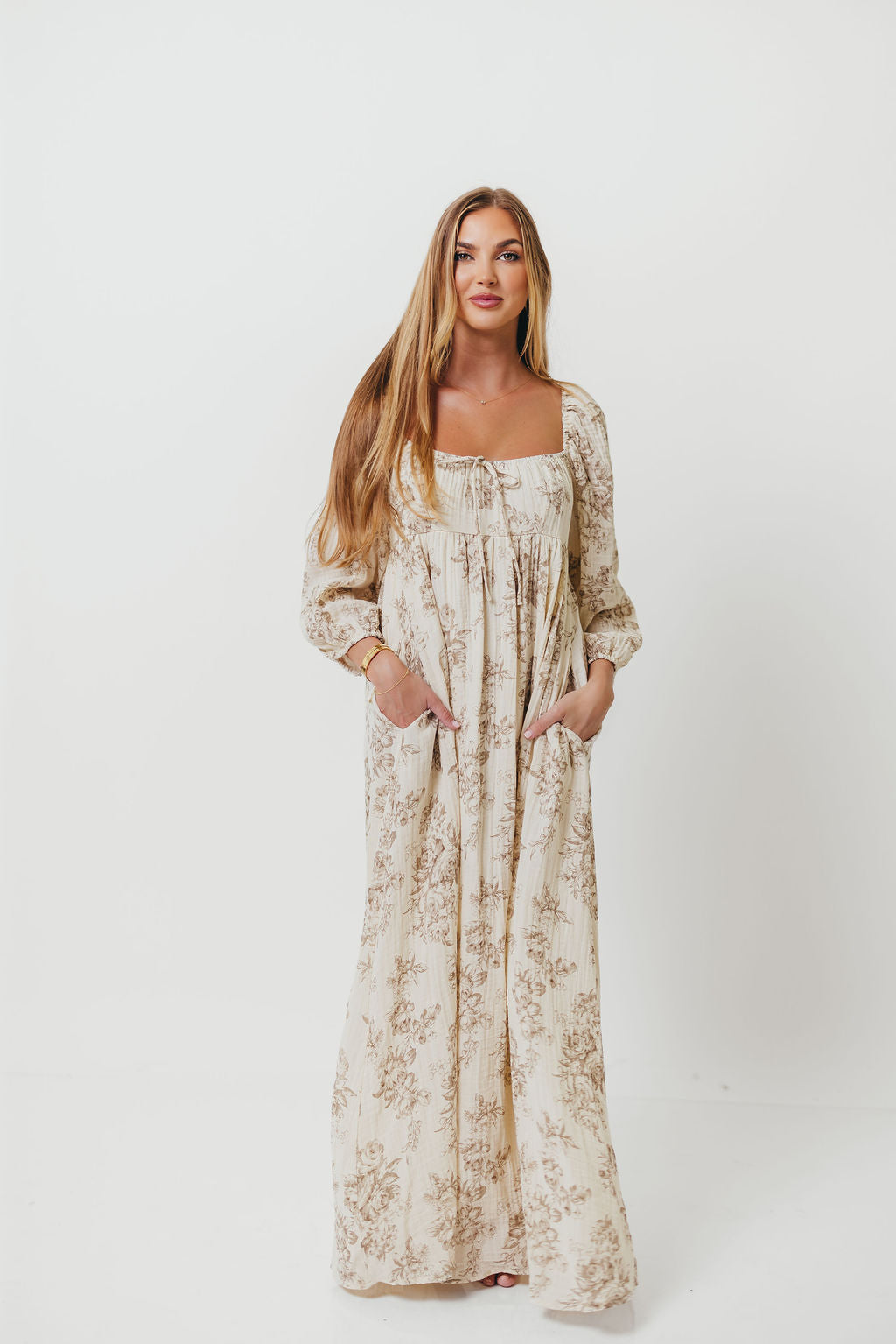 Peyton 100% Cotton Maxi Dress in Brown Floral - Bump Friendly
