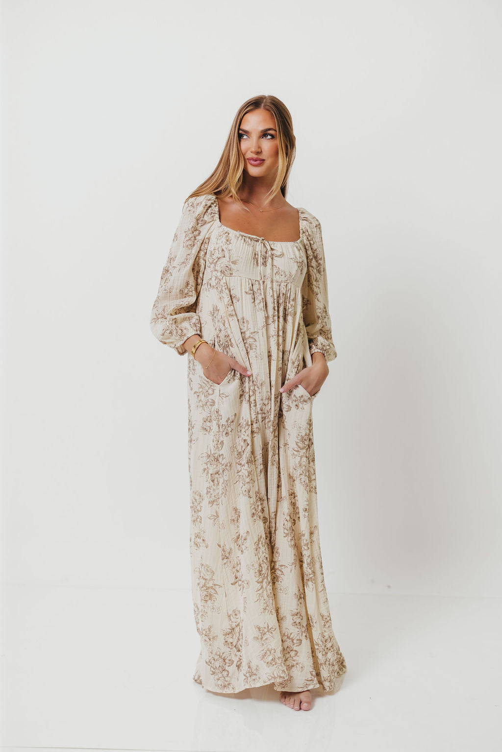 Peyton 100% Cotton Maxi Dress in Brown Floral - Bump Friendly