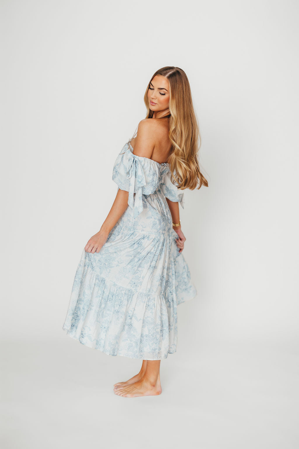 Elena Floral Print Smocked Midi Dress in Blue - Bump Friendly & Inclusive Sizing