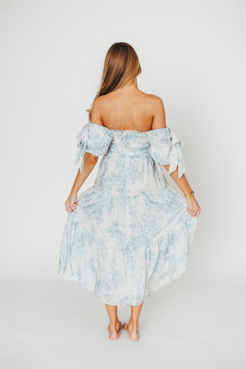 Elena Floral Print Smocked Midi Dress in Blue - Bump Friendly & Inclusive Sizing