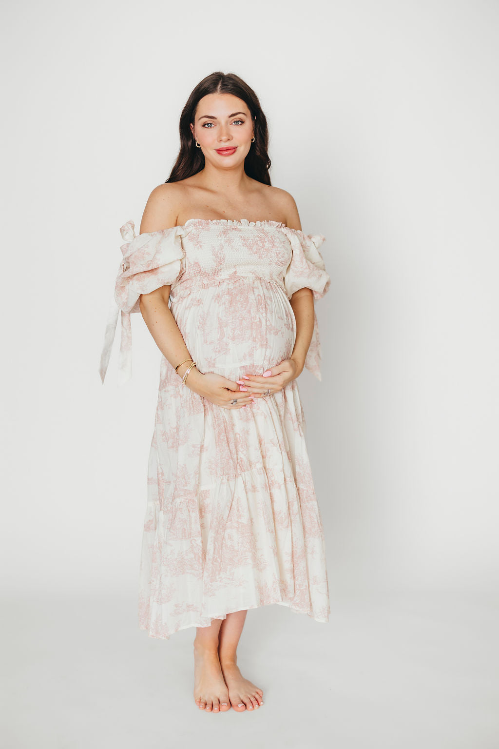 Elena 100% Cotton Toile Print Smocked Midi Dress in Pink - Bump Friendly