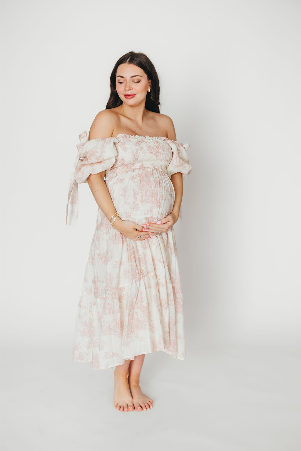 Elena 100% Cotton Toile Print Smocked Midi Dress in Pink - Bump Friendly