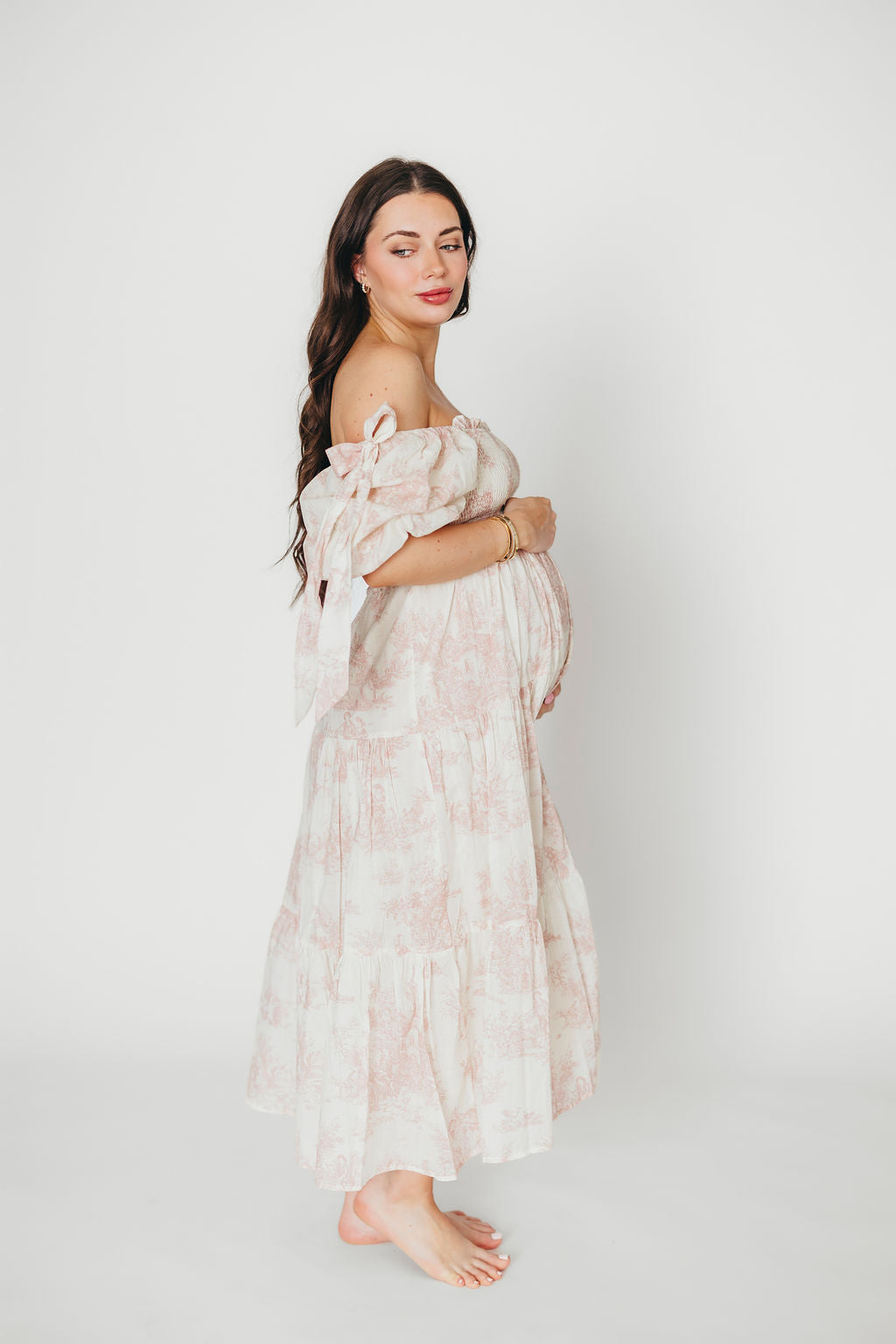 Elena 100% Cotton Toile Print Smocked Midi Dress in Pink - Bump Friendly