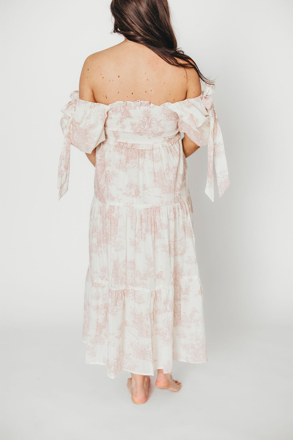 Elena 100% Cotton Toile Print Smocked Midi Dress in Pink - Bump Friendly