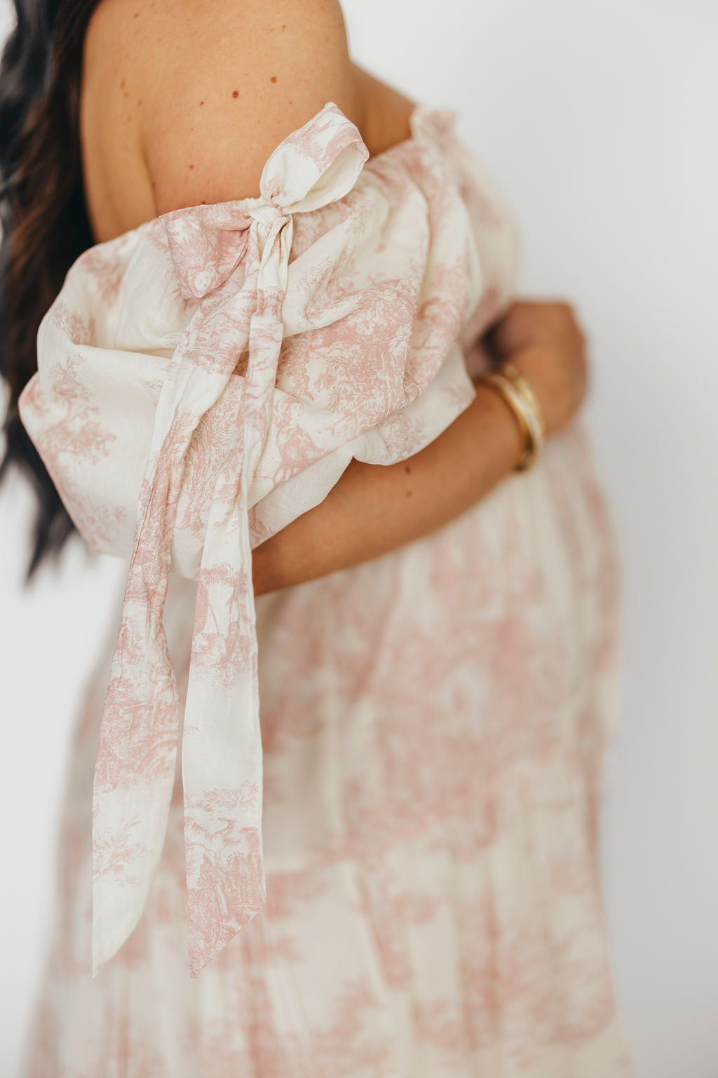 Elena 100% Cotton Toile Print Smocked Midi Dress in Pink - Bump Friendly