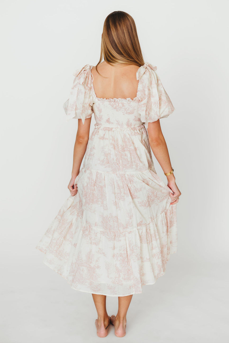 Elena 100% Cotton Toile Print Smocked Midi Dress in Pink - Bump Friendly