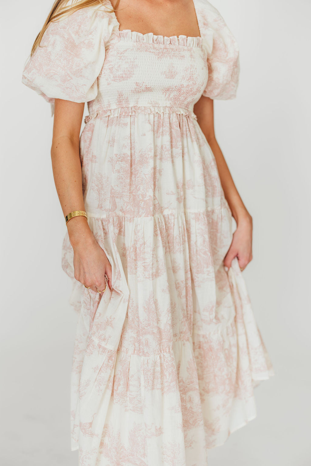 Elena 100% Cotton Toile Print Smocked Midi Dress in Pink - Bump Friendly