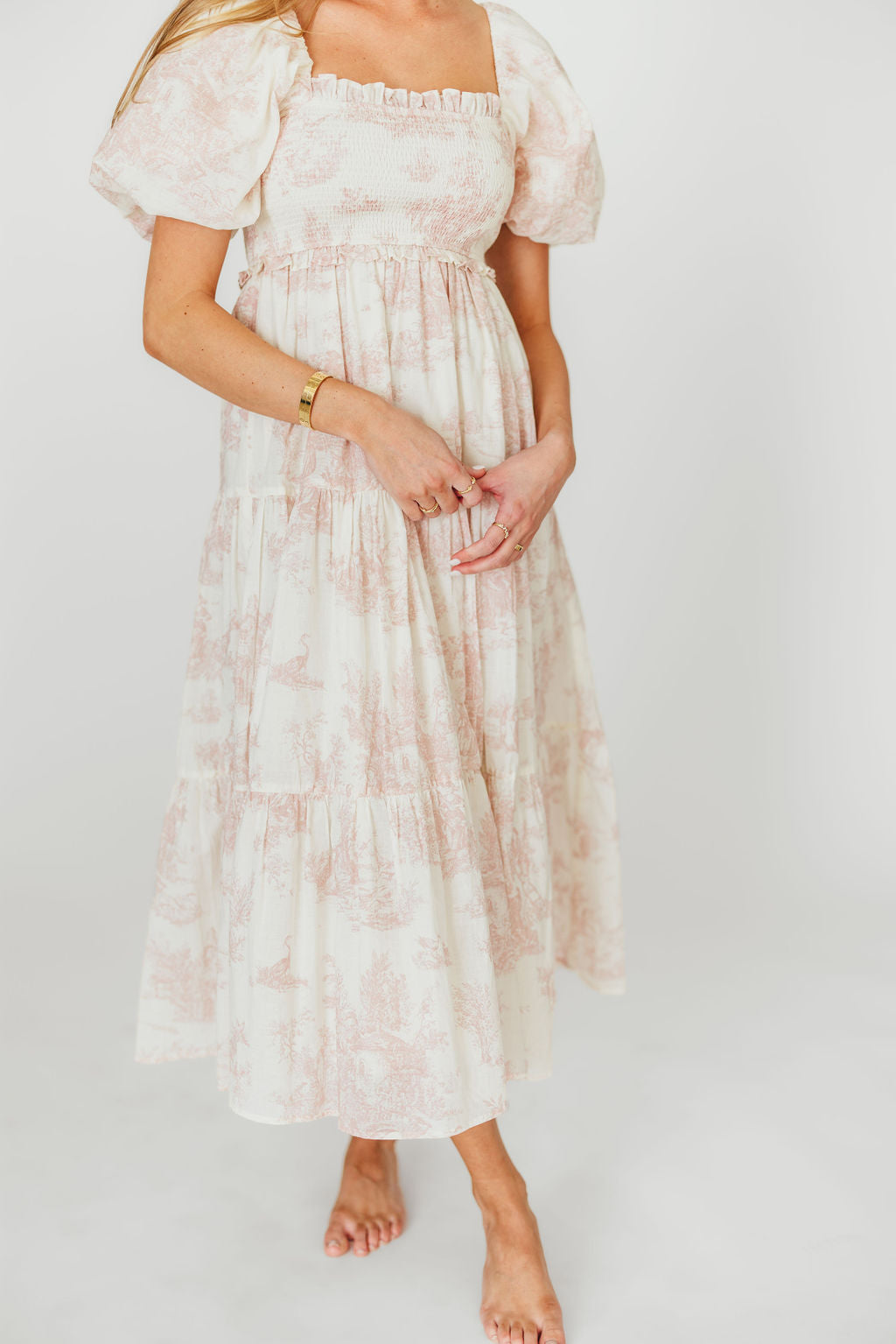 Elena 100% Cotton Toile Print Smocked Midi Dress in Pink - Bump Friendly