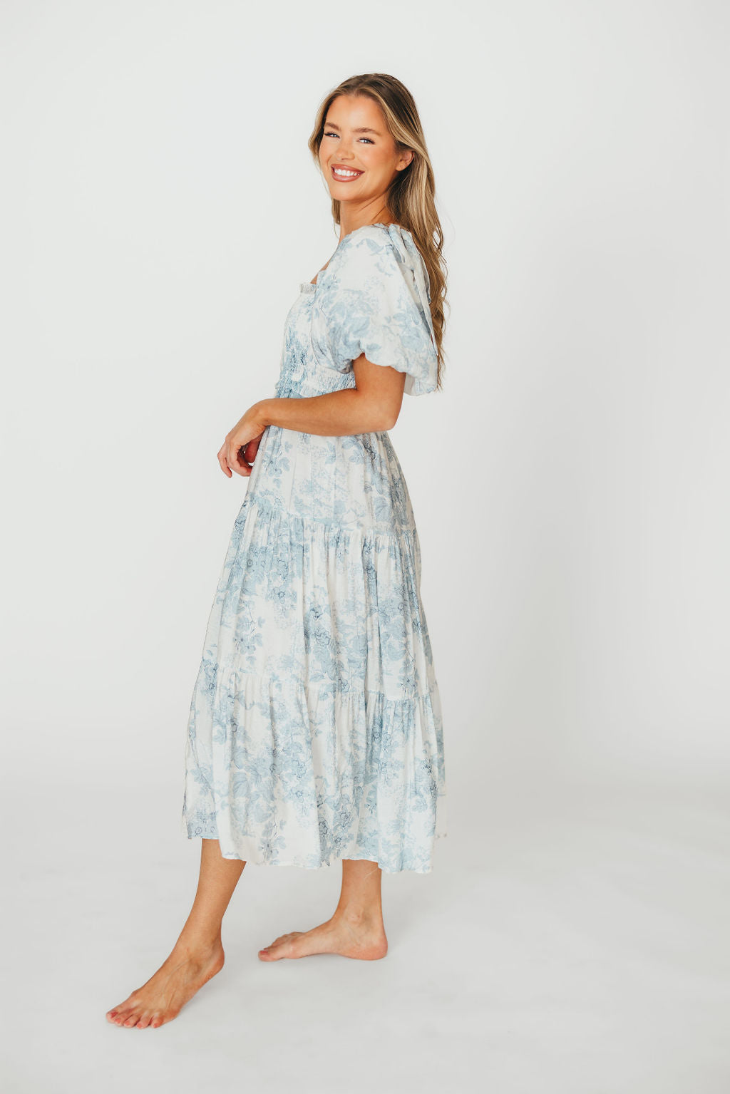 Elena Floral Print Smocked Midi Dress in Blue - Bump Friendly & Inclusive Sizing