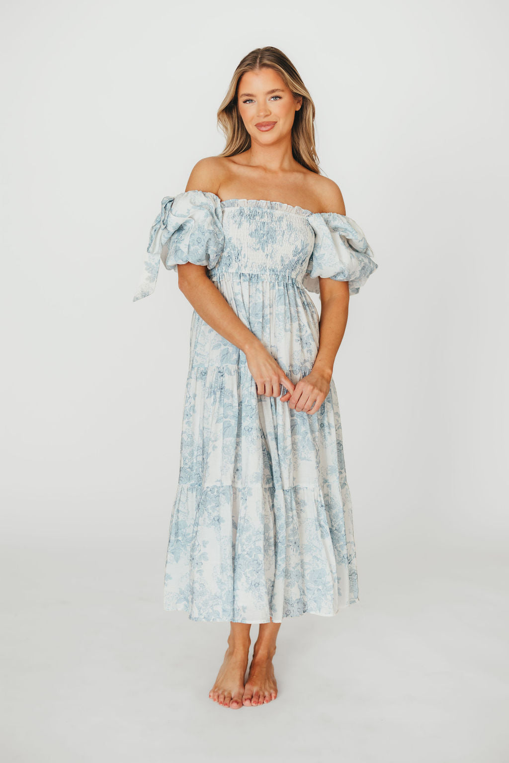 Elena Floral Print Smocked Midi Dress in Blue - Bump Friendly & Inclusive Sizing