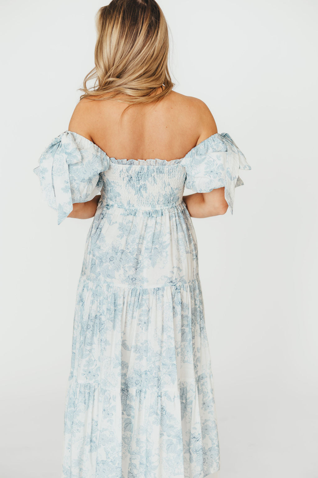 Elena Floral Print Smocked Midi Dress in Blue - Bump Friendly & Inclusive Sizing