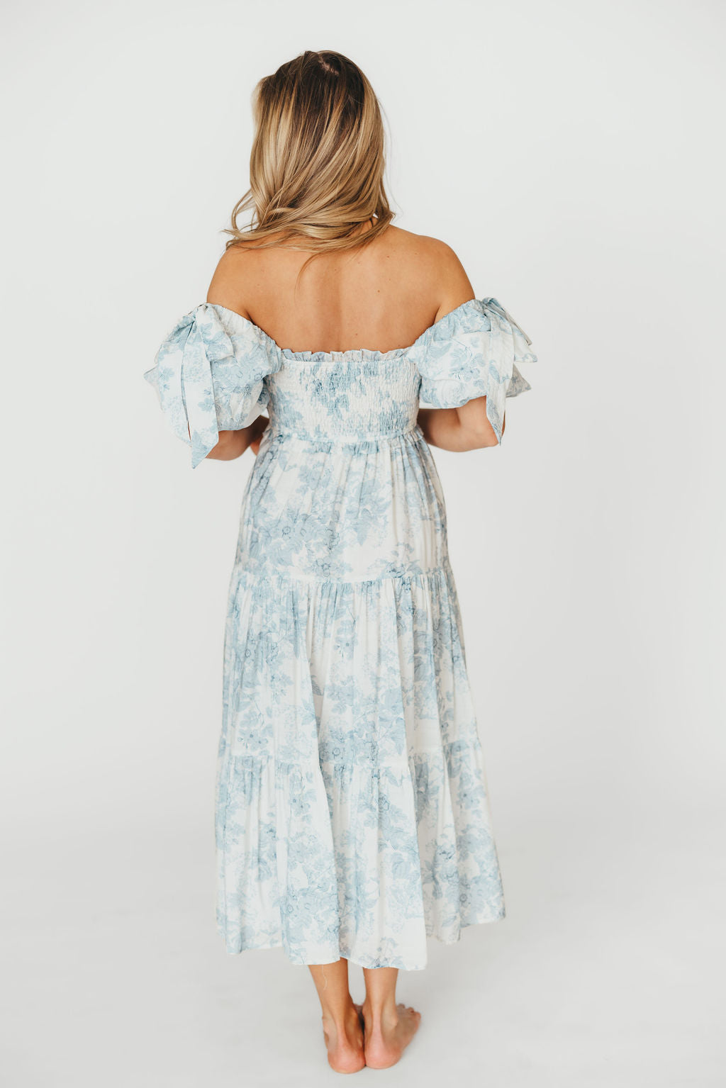 Elena Floral Print Smocked Midi Dress in Blue - Bump Friendly & Inclusive Sizing