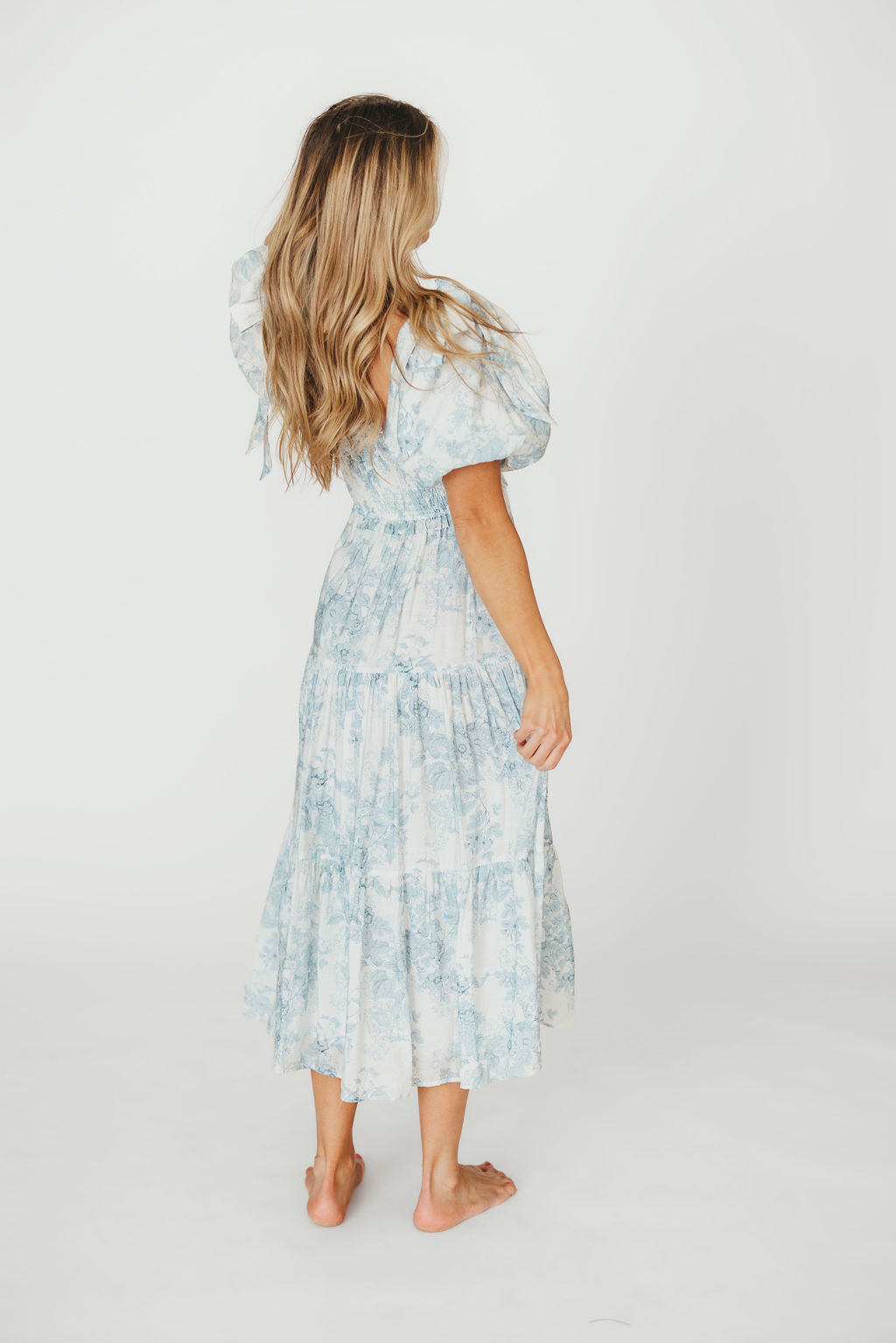 Elena Floral Print Smocked Midi Dress in Blue - Bump Friendly & Inclusive Sizing