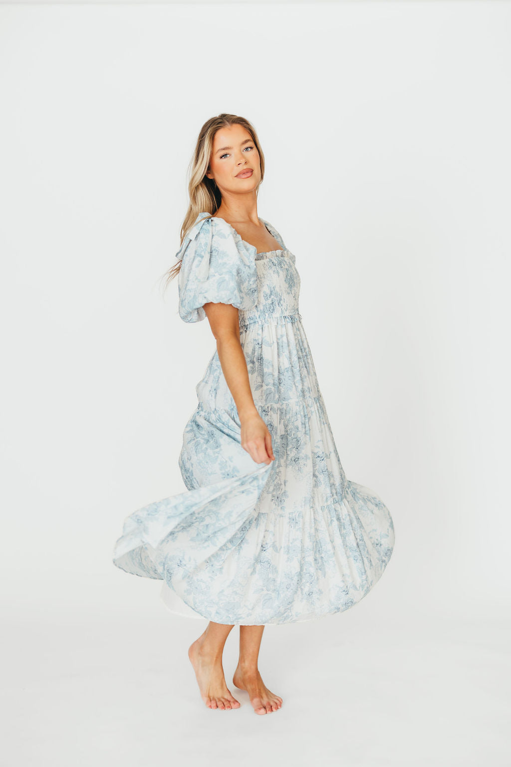 Elena Floral Print Smocked Midi Dress in Blue - Bump Friendly & Inclusive Sizing