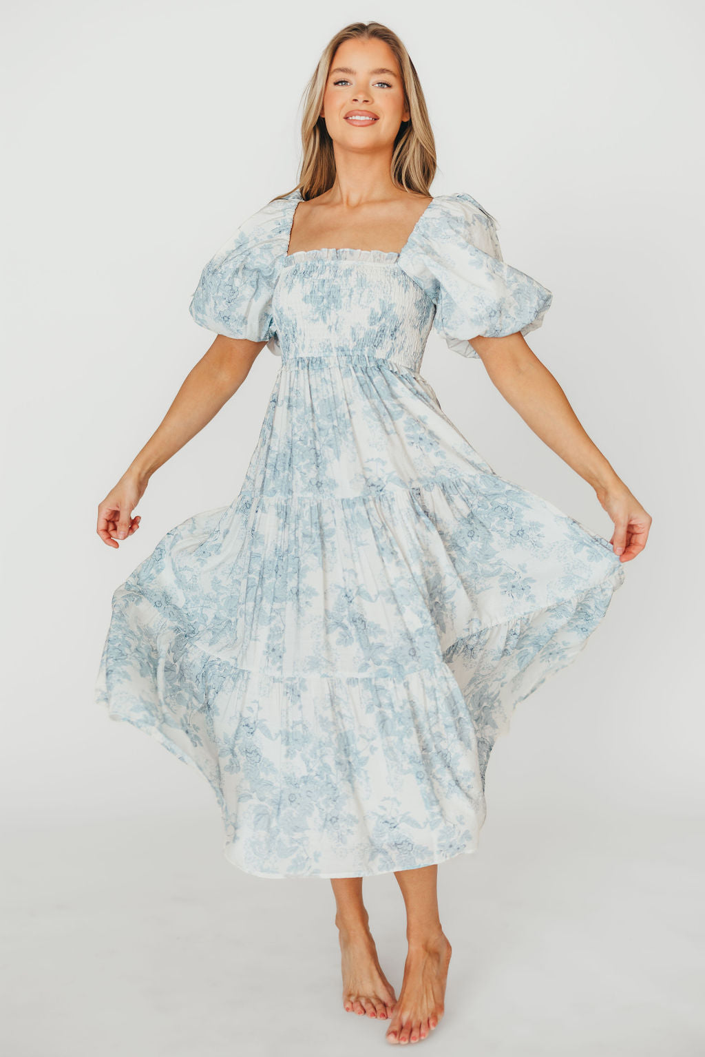 Elena Floral Print Smocked Midi Dress in Blue - Bump Friendly & Inclusive Sizing