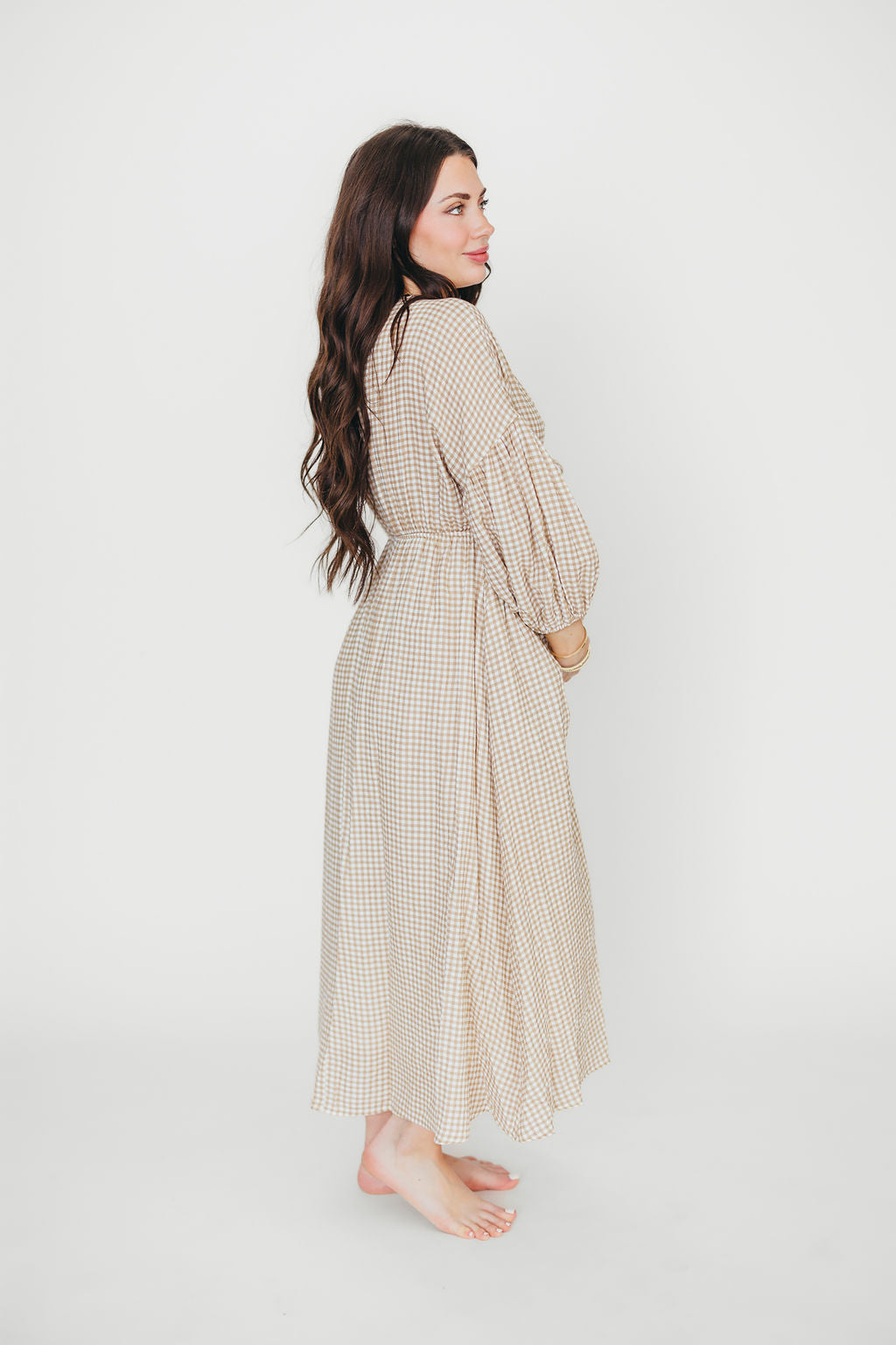 Hunter Printed Gauze Midi Dress in Natural Plaid - Bump Friendly