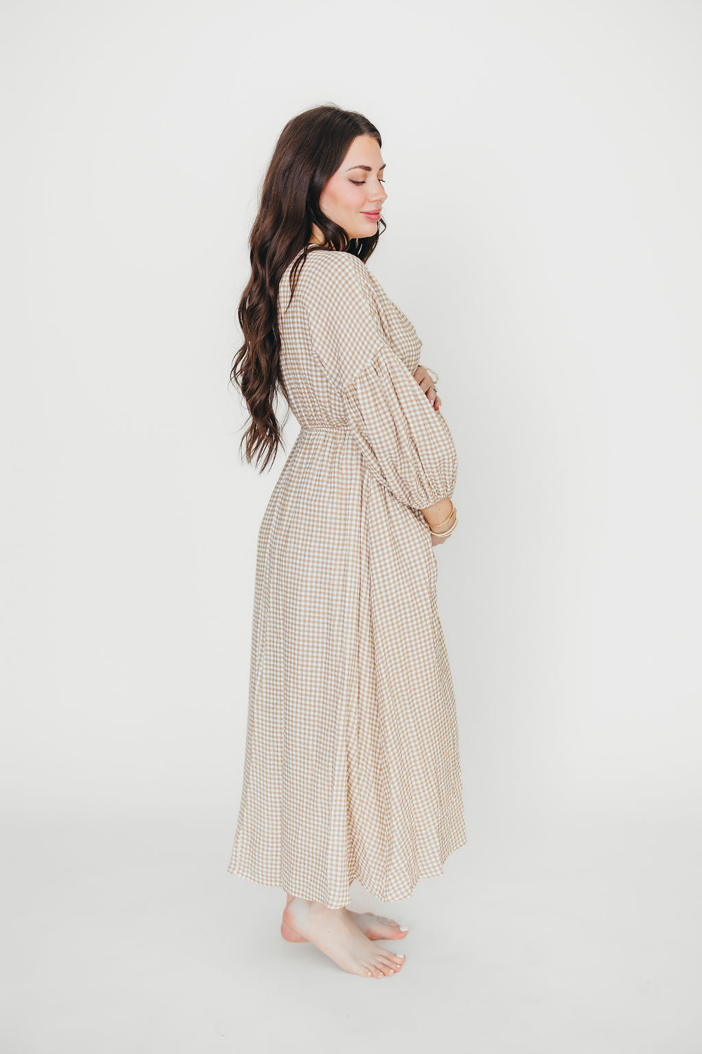 Hunter Printed Gauze Midi Dress in Natural Plaid - Bump Friendly