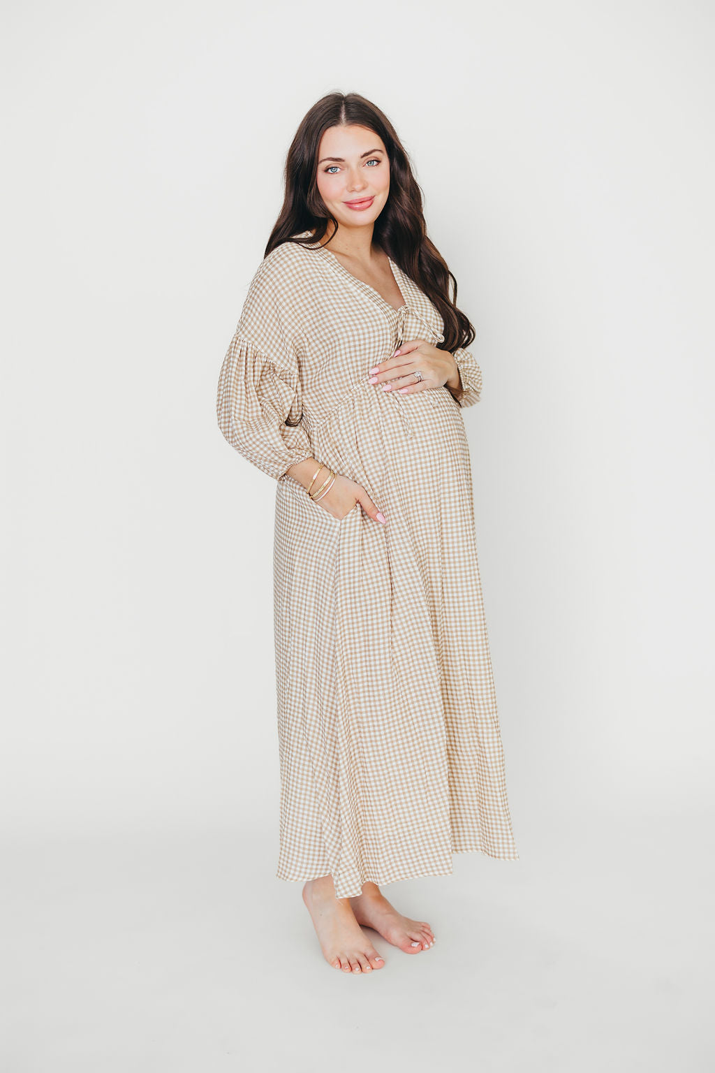Hunter Printed Gauze Midi Dress in Natural Plaid - Bump Friendly