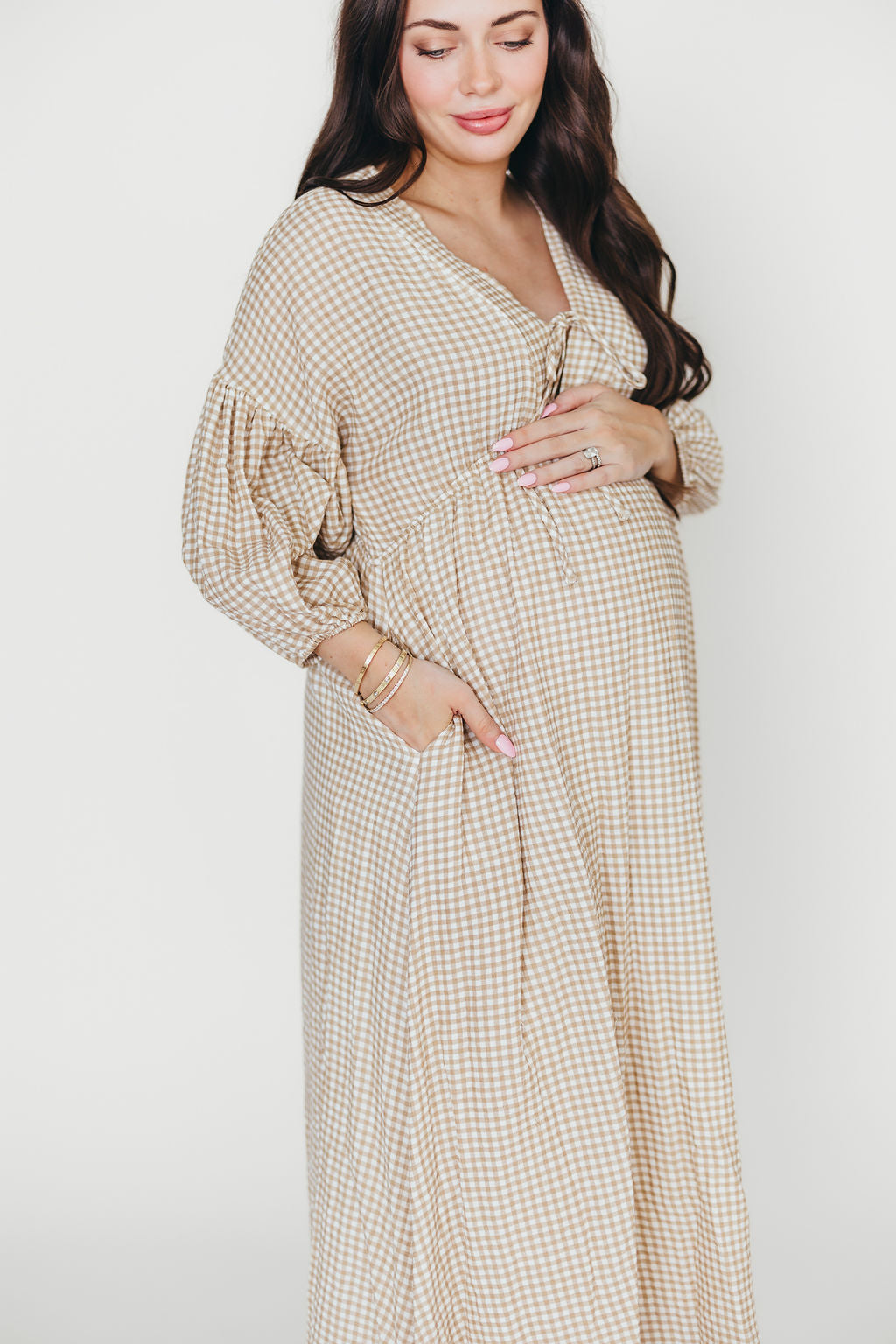 Hunter Printed Gauze Midi Dress in Natural Plaid - Bump Friendly