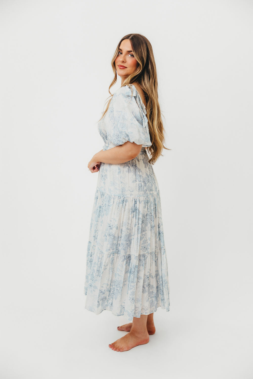 Elena Floral Print Smocked Midi Dress in Blue - Bump Friendly & Inclusive Sizing