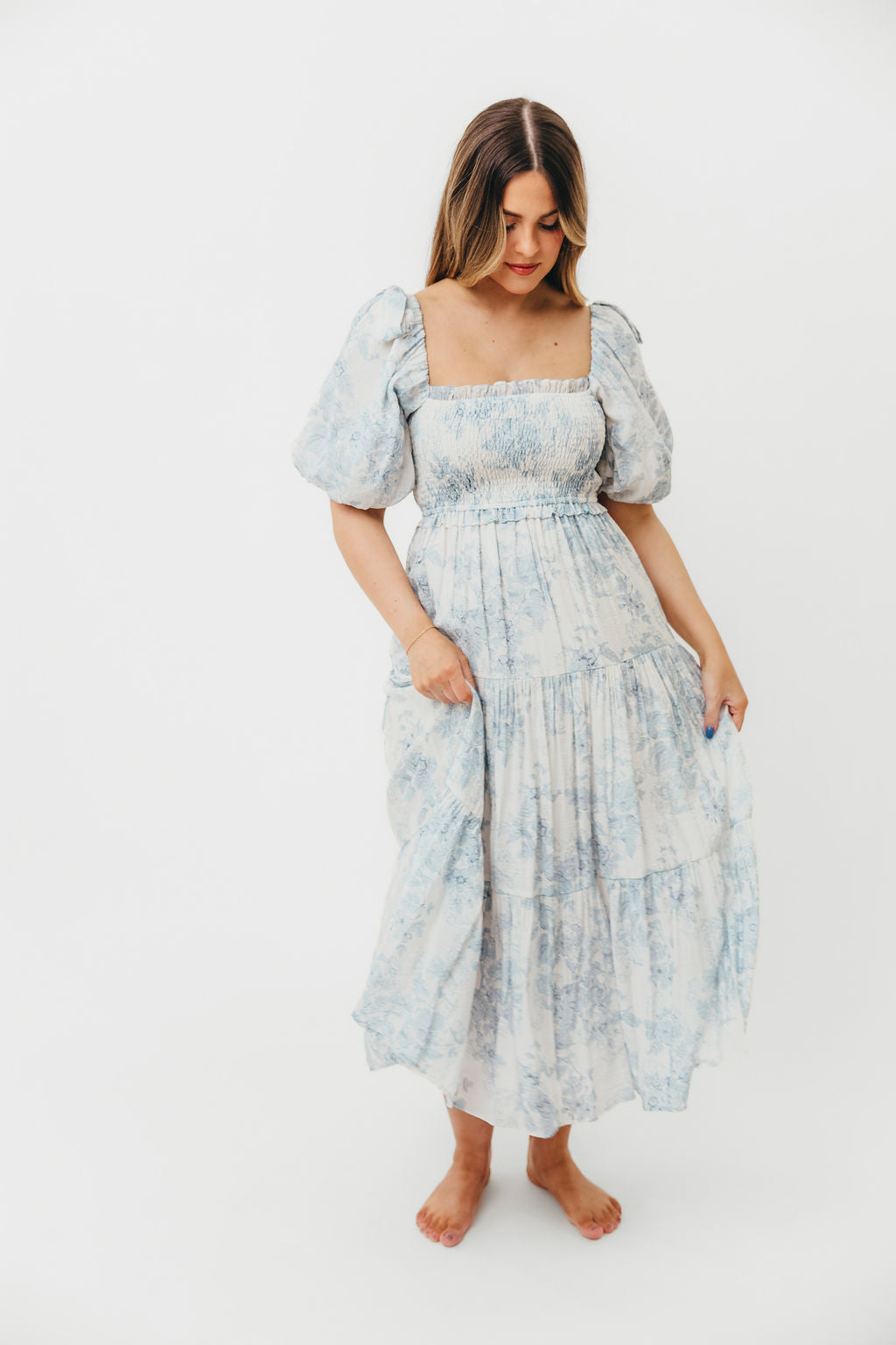 Elena Floral Print Smocked Midi Dress in Blue - Bump Friendly & Inclusive Sizing