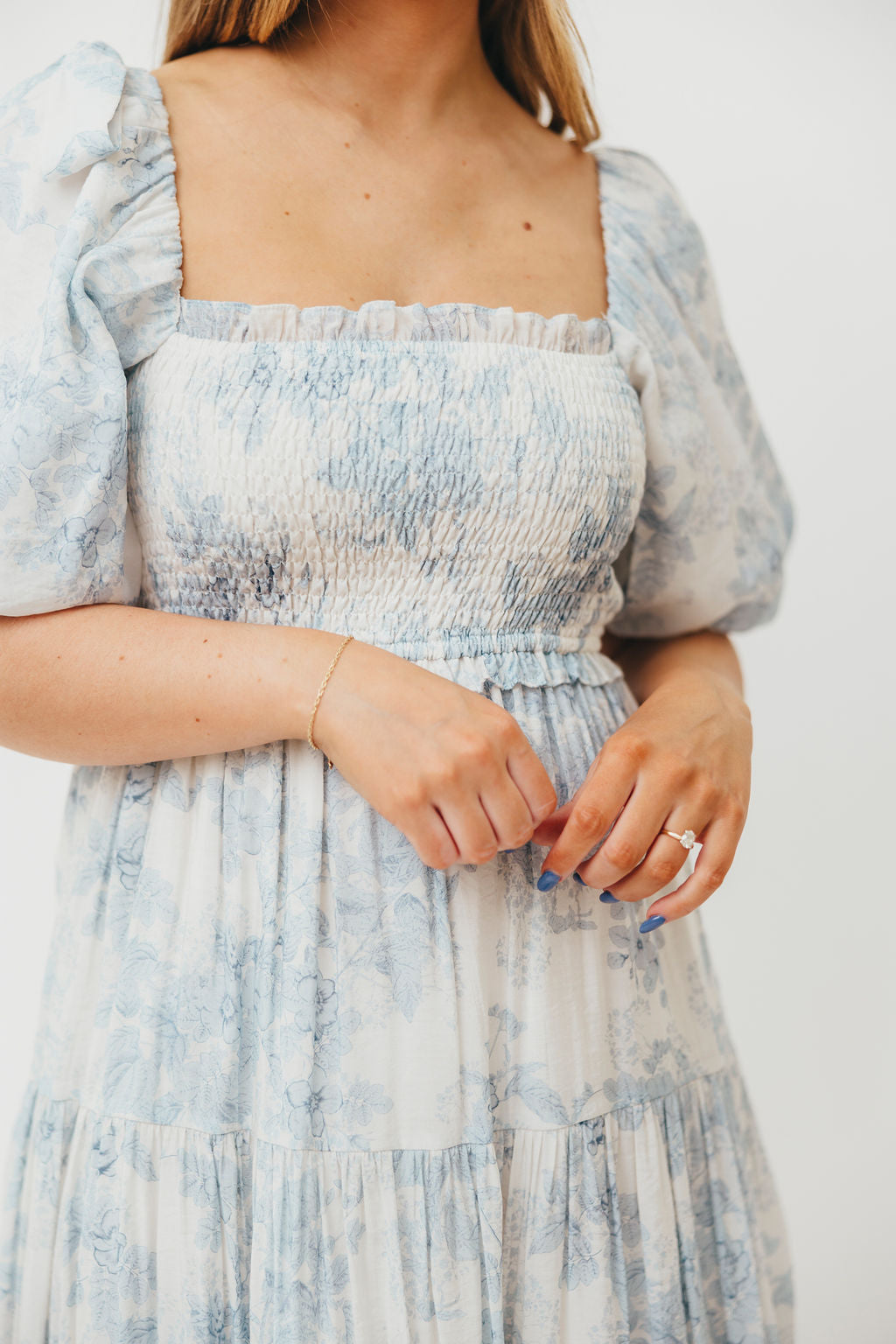Elena Floral Print Smocked Midi Dress in Blue - Bump Friendly & Inclusive Sizing