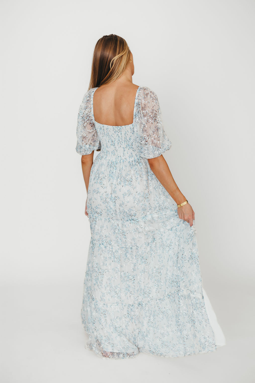 Daphne High Slit Eyelet Detail Maxi Dress in Blue and White Floral - Inclusive Sizing